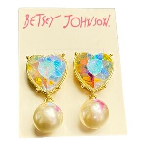 Betsey Johnson Gold and Iridescent Heart Drop Earrings